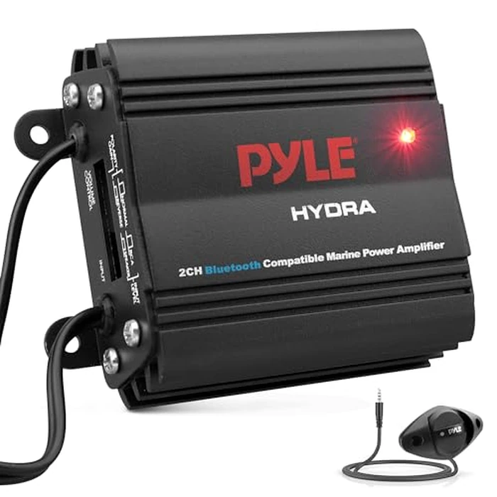 Pyle Auto 2-Channel Marine Amplifier - 200 Watt RMS 4 OHM Full Range Stereo with Wireless Bluetooth & Powerful Prime Speaker - High Crossover HD Music Audio Multi Channel System PLMRMB2CB, Black by Pyle - Used - Very Good condition - US$45.50