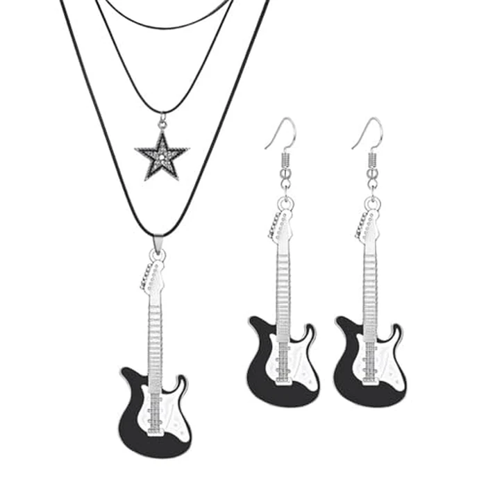 Dreuyet Guitar Music Earrings Necklace Y2k Jewelry Set for Women Bass Electric Guitar Drop Dangle Earrings Chic Rock Music Lovers Teacher Singer Concert Party Rock and Roll Accessories (Black) by Dreuyet - Used - Like New condition