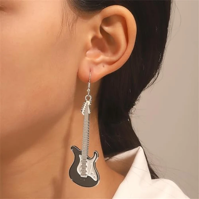 Dreuyet Guitar Music Earrings Necklace Y2k Jewelry Set for Women Bass Electric Guitar Drop Dangle Earrings Chic Rock Music Lovers Teacher Singer Concert Party Rock and Roll Accessories (Black) by Dreuyet - Image 2