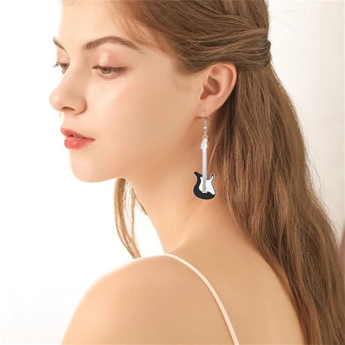 Dreuyet Guitar Music Earrings Necklace Y2k Jewelry Set for Women Bass Electric Guitar Drop Dangle Earrings Chic Rock Music Lovers Teacher Singer Concert Party Rock and Roll Accessories (Black) by Dreuyet - Image 6