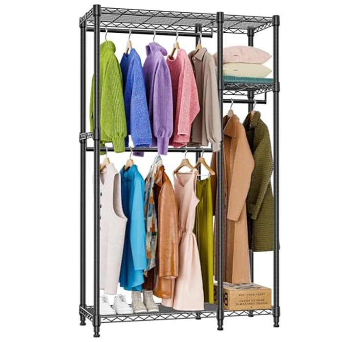 M MZG Heavy Duty Rolling Garment Rack 3 Tiers Adjustable Wire Shelving Clothes Rack with 3 Rods and Side Hooks,Storage Closet Clothing Rack Black 15.7" D x 43.3" W x 76.5" H by M MZG - Used - Very Good condition