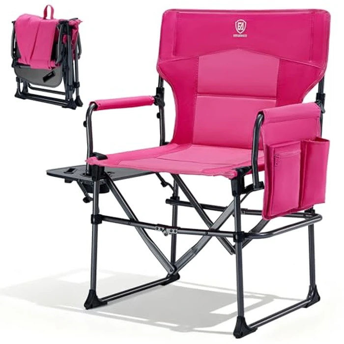 EVER ADVANCED Camping Directors' Chair with Side Table, Portable Folding with Compact Size, Heavy Duty Lawn Chair with Pocket for Camping, Lawn, Sports and Fishing, 400lbs, Pink by EVER ADVANCED - Image 1