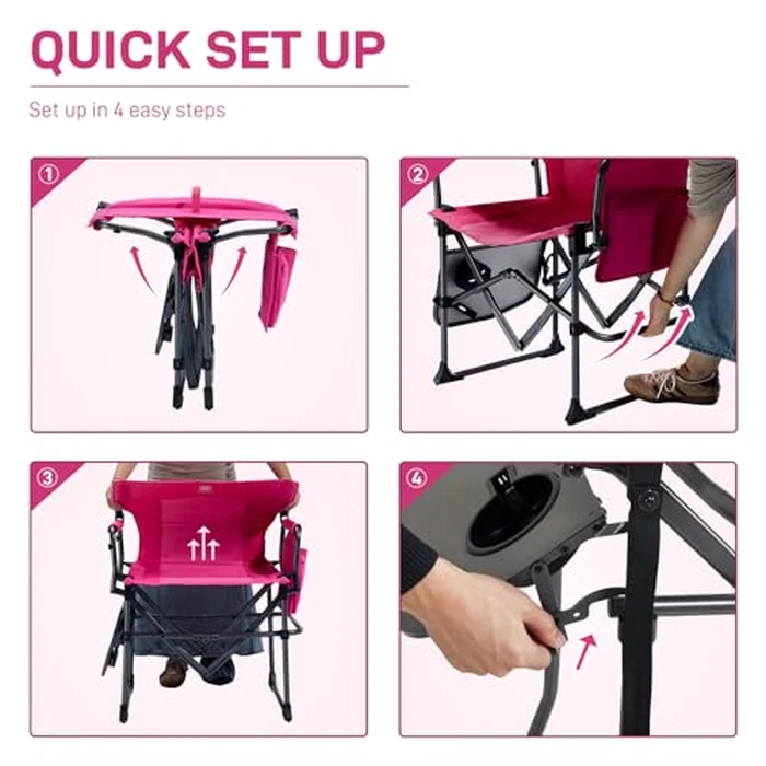 EVER ADVANCED Camping Directors' Chair with Side Table, Portable Folding with Compact Size, Heavy Duty Lawn Chair with Pocket for Camping, Lawn, Sports and Fishing, 400lbs, Pink by EVER ADVANCED - Image 4