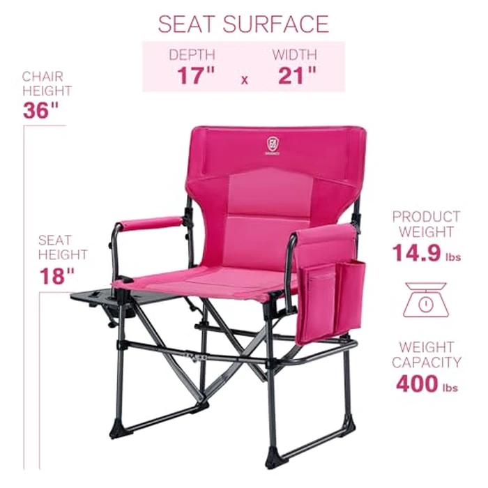 EVER ADVANCED Camping Directors' Chair with Side Table, Portable Folding with Compact Size, Heavy Duty Lawn Chair with Pocket for Camping, Lawn, Sports and Fishing, 400lbs, Pink by EVER ADVANCED - Image 7
