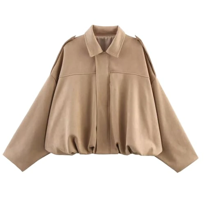 Talakeno Womens Faux Suede Bomber Jacket Casual Lightweight Batwing Long Sleeve Oversized Coat Streetwear Outfits(Khaki,S) by Talakeno - Used - Like New condition - US$35.96