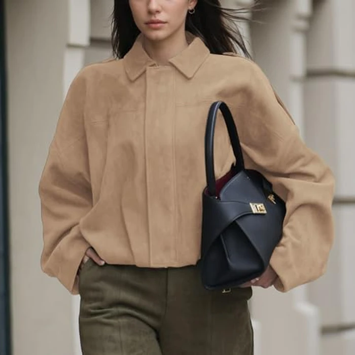 Talakeno Womens Faux Suede Bomber Jacket Casual Lightweight Batwing Long Sleeve Oversized Coat Streetwear Outfits(Khaki,S) by Talakeno - Image 2