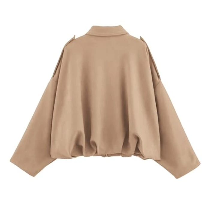 Talakeno Womens Faux Suede Bomber Jacket Casual Lightweight Batwing Long Sleeve Oversized Coat Streetwear Outfits(Khaki,S) by Talakeno - Image 4