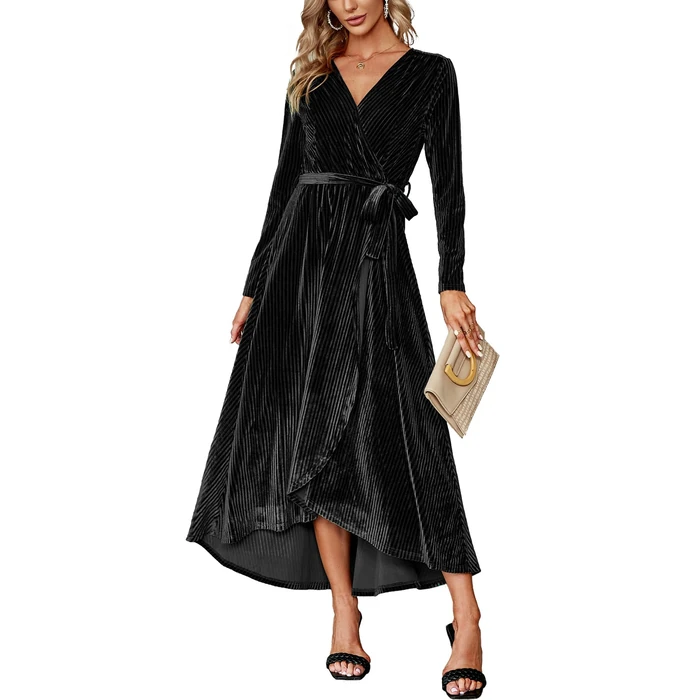 BerryGo Women's Long Sleeve Prom Formal Velvet Wrap Dress Cocktail Party Winter Long Maxi Dress with Slit Black S by BerryGo - Image 1