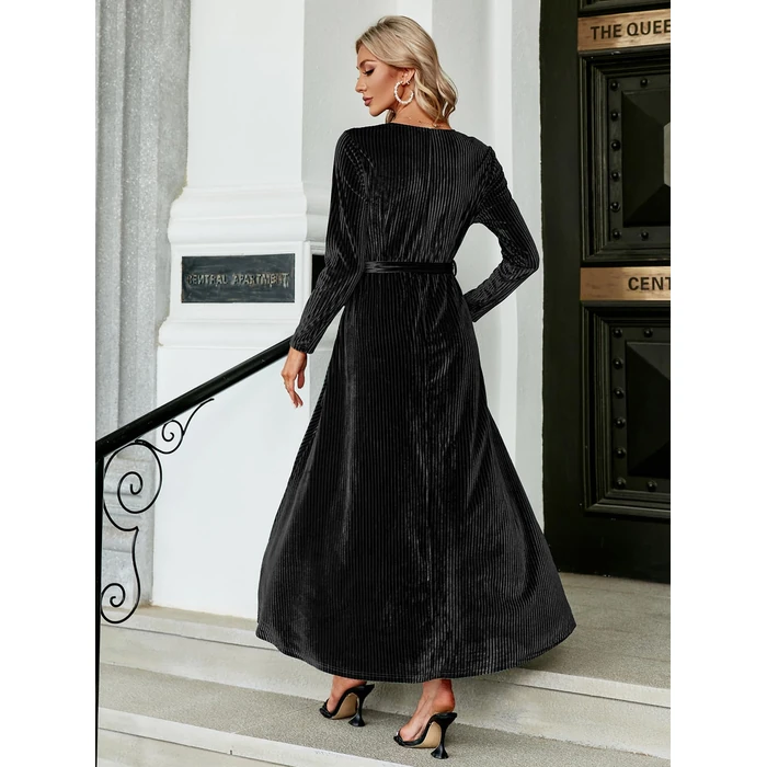 BerryGo Women's Long Sleeve Prom Formal Velvet Wrap Dress Cocktail Party Winter Long Maxi Dress with Slit Black S by BerryGo - Image 5