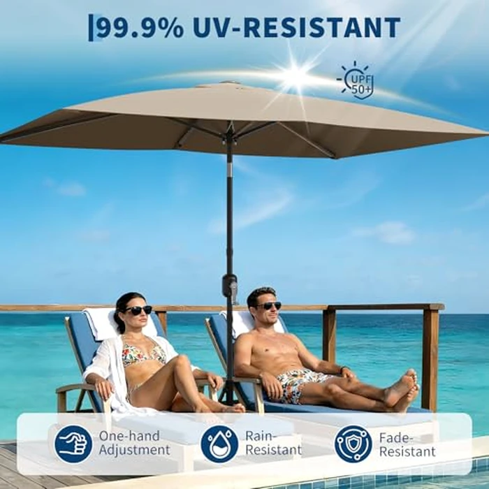 Garvee 10' x 6.5' Rectangular Patio Umbrella, Outdoor Table Umbrella with Crank and Push Button Tilt, Market Umbrella Sun Umbrella with 6 Sturdy Ribs Tilt for Garden, Deck, Lawn, Pool -Tan by Garvee - Image 4