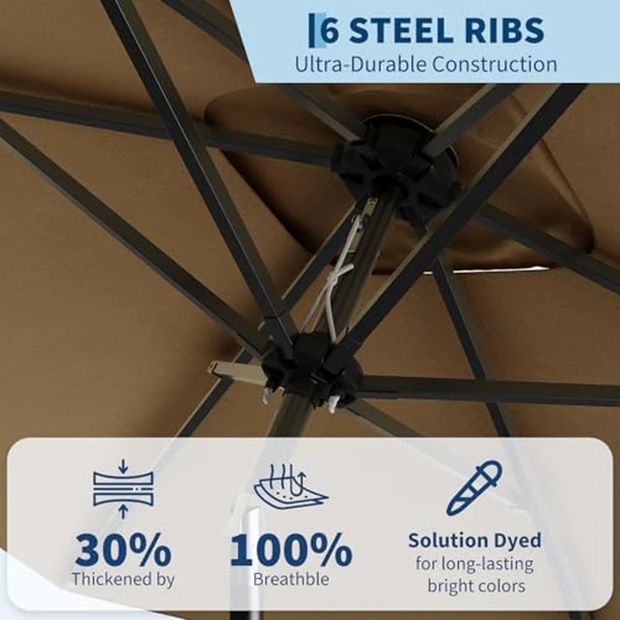 Garvee 10' x 6.5' Rectangular Patio Umbrella, Outdoor Table Umbrella with Crank and Push Button Tilt, Market Umbrella Sun Umbrella with 6 Sturdy Ribs Tilt for Garden, Deck, Lawn, Pool -Tan by Garvee - Image 5