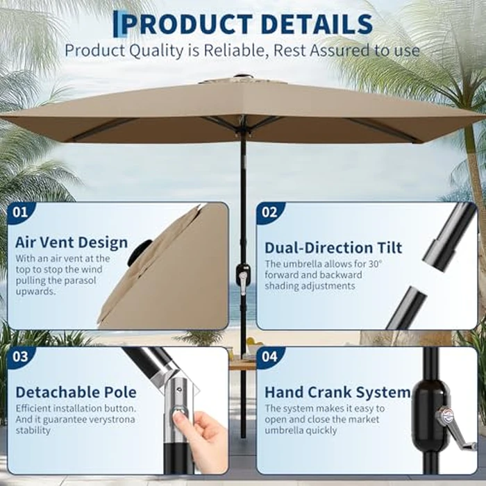 Garvee 10' x 6.5' Rectangular Patio Umbrella, Outdoor Table Umbrella with Crank and Push Button Tilt, Market Umbrella Sun Umbrella with 6 Sturdy Ribs Tilt for Garden, Deck, Lawn, Pool -Tan by Garvee - Image 6