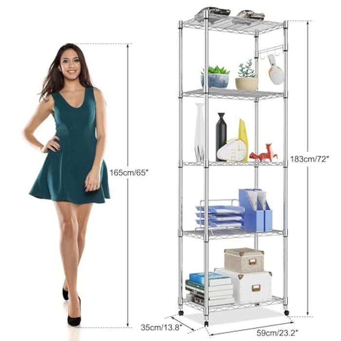 Homdox 5 Tier Steel Wire Shelving Unit on Wheels,Chrome Shelves for Garage Kitchen Living Room,Heavy Duty Shelving Rack, 23.2 x 13.8 x 72 inch (L x W x H) by Homdox - Image 4