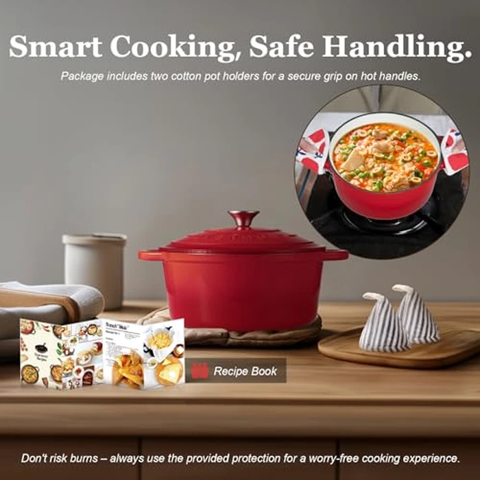 Overmont Enameled Cast Iron Dutch Oven - 4.5QT Cookware with Cookbook Cotton Heat-resistant Caps - Heavy-Duty Enamel Pot with Lid for Braising Stews Roasting Bread Baking by OVERMONT - Image 6