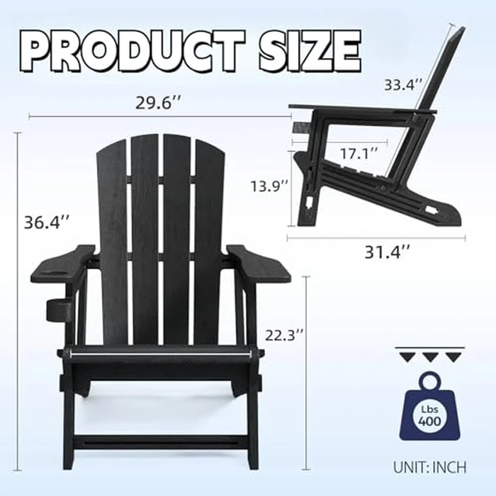 FONTOI Adirondack Chair, Plastic Adirondack Chair with Cup Holder, Outdoor Weather Resistant Lawn Furniture, 400 LBS Capacity Recliner, Garden Backyard Patio Without Screws Install, Black by FONTOI - Image 1