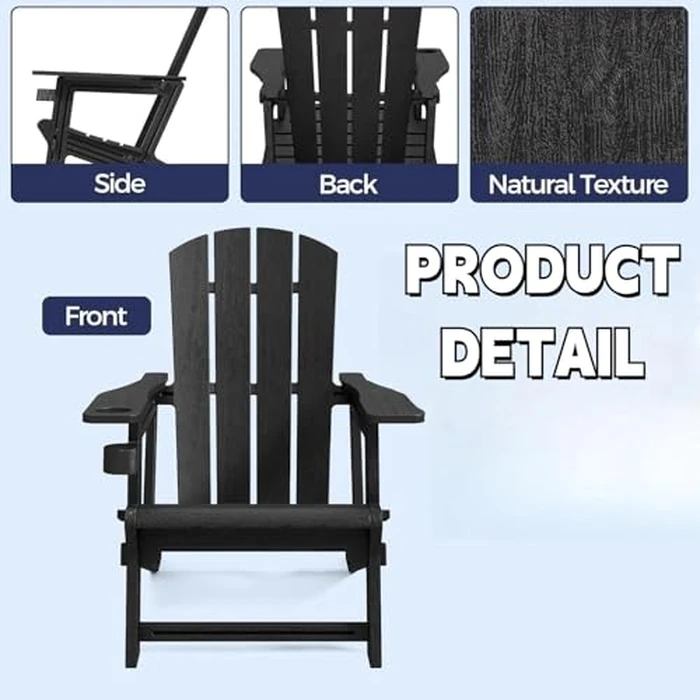 FONTOI Adirondack Chair, Plastic Adirondack Chair with Cup Holder, Outdoor Weather Resistant Lawn Furniture, 400 LBS Capacity Recliner, Garden Backyard Patio Without Screws Install, Black by FONTOI - Image 2