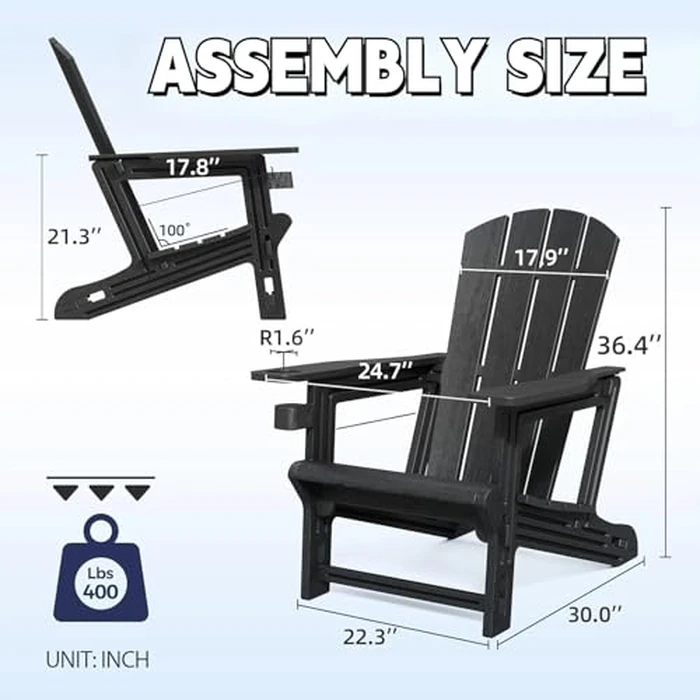 FONTOI Adirondack Chair, Plastic Adirondack Chair with Cup Holder, Outdoor Weather Resistant Lawn Furniture, 400 LBS Capacity Recliner, Garden Backyard Patio Without Screws Install, Black by FONTOI - Image 3