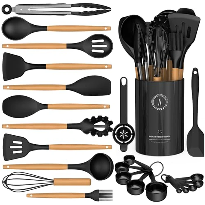 Silicone Cooking Utensils Set - Silicone Kitchen Utensils for Cooking Wooden Handles, 446 degreesF Heat Resistant Kitchen Utensil Spatula Sets w Holder, Gadgets for Non-Stick Cookware BPA Free (Black) by AVGPD - Used - Like New condition - CA$28.41
