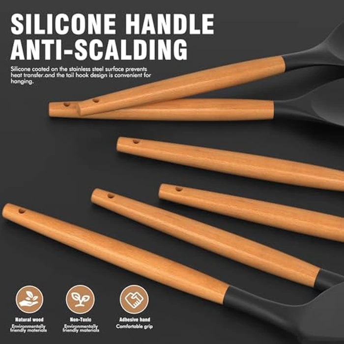 Silicone Cooking Utensils Set - Silicone Kitchen Utensils for Cooking Wooden Handles, 446 degreesF Heat Resistant Kitchen Utensil Spatula Sets w Holder, Gadgets for Non-Stick Cookware BPA Free (Black) by AVGPD - Image 2
