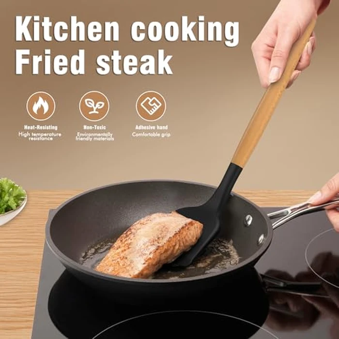 Silicone Cooking Utensils Set - Silicone Kitchen Utensils for Cooking Wooden Handles, 446 degreesF Heat Resistant Kitchen Utensil Spatula Sets w Holder, Gadgets for Non-Stick Cookware BPA Free (Black) by AVGPD - Image 3