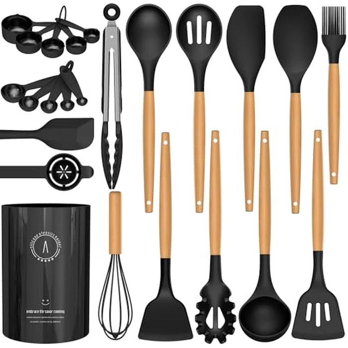 Silicone Cooking Utensils Set - Silicone Kitchen Utensils for Cooking Wooden Handles, 446 degreesF Heat Resistant Kitchen Utensil Spatula Sets w Holder, Gadgets for Non-Stick Cookware BPA Free (Black) by AVGPD - Image 9