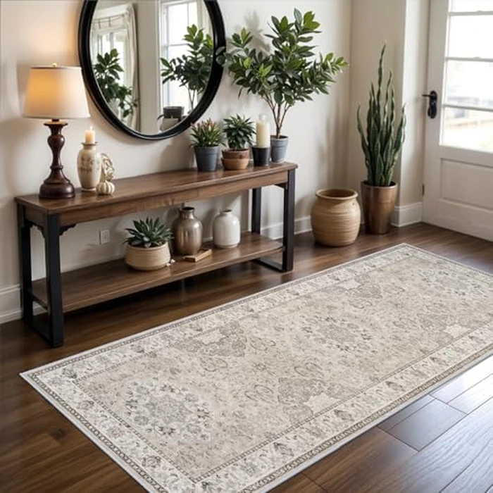 Washable Entryway 3x7 Runner Rug: Farmhouse Kitchen Hallway Rug Runner Wide Soft Water Resistant Floor Mat for Bathroom Nursery Non Slip Indoor Carpet for Living Room Bedroom Dining Room(3x7,Beige) by HY HAO YUN LAI - Used - Very Good condition