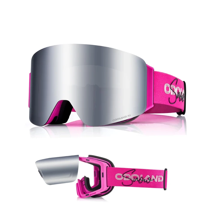 Odoland Flip Up Ski Goggles for Women and Men, Anti-Fog UV400 Protection Snowboard Goggles, Helmet Compatible Snow Goggles for Skiing Snowboarding, Pink Frame Silver Lens by Odoland - Used - Acceptable condition - CA$13.99