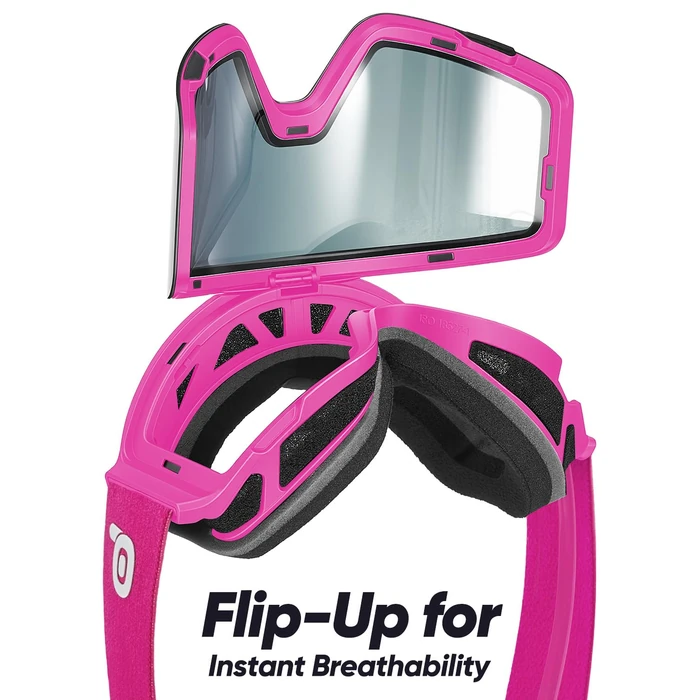 Odoland Flip Up Ski Goggles for Women and Men, Anti-Fog UV400 Protection Snowboard Goggles, Helmet Compatible Snow Goggles for Skiing Snowboarding, Pink Frame Silver Lens by Odoland - Image 4
