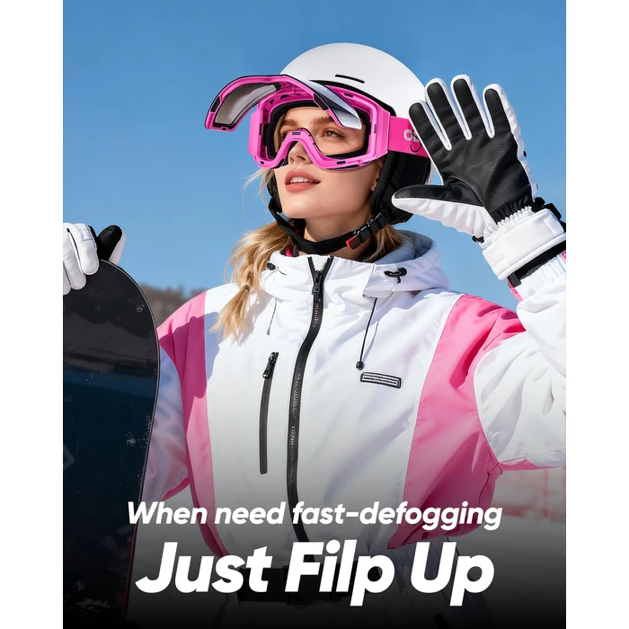 Odoland Flip Up Ski Goggles for Women and Men, Anti-Fog UV400 Protection Snowboard Goggles, Helmet Compatible Snow Goggles for Skiing Snowboarding, Pink Frame Silver Lens by Odoland - Image 5