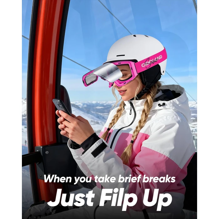 Odoland Flip Up Ski Goggles for Women and Men, Anti-Fog UV400 Protection Snowboard Goggles, Helmet Compatible Snow Goggles for Skiing Snowboarding, Pink Frame Silver Lens by Odoland - Image 6
