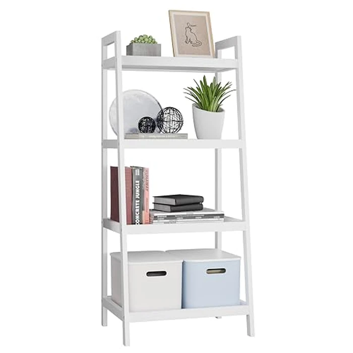 SMIBUY Bamboo Ladder Bookcase, Bathroom Storage Rack Organizer, 4 Tier and 5 Tier Freestanding Plant Display Stand Space Saver Shelves for Bedroom, Kitchen, Balcony (White, 4 Tiers (39" H)) by SMIBUY - Used - Very Good condition - CA$49.45