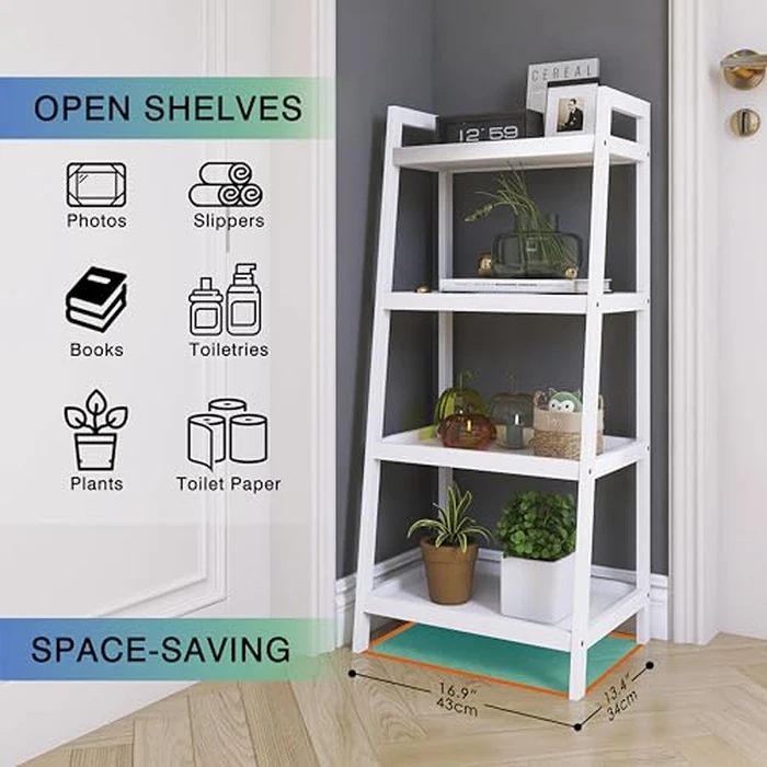 SMIBUY Bamboo Ladder Bookcase, Bathroom Storage Rack Organizer, 4 Tier and 5 Tier Freestanding Plant Display Stand Space Saver Shelves for Bedroom, Kitchen, Balcony (White, 4 Tiers (39" H)) by SMIBUY - Image 6