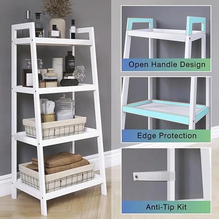 SMIBUY Bamboo Ladder Bookcase, Bathroom Storage Rack Organizer, 4 Tier and 5 Tier Freestanding Plant Display Stand Space Saver Shelves for Bedroom, Kitchen, Balcony (White, 4 Tiers (39" H)) by SMIBUY - Image 7