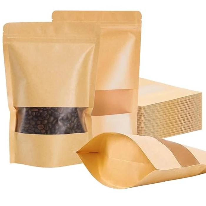 Matomtak 100 PCS 3.5 x 5.3 inch Resealable Kraft Bags with Window Stand Up Ziplock Seal Paper Bag, Candy Bags, Sealable Food Storage Packaging Bags for Home and Business (Brown, 9x13.6cm) by Matomtak - Used - Good condition
