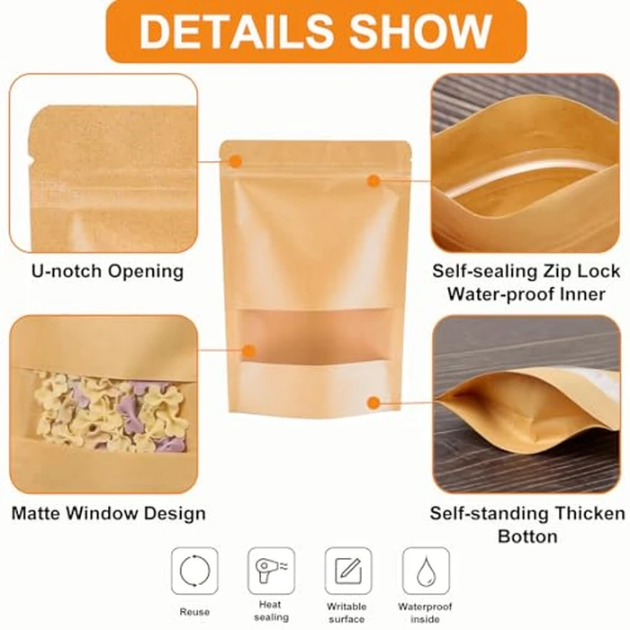 Matomtak 100 PCS 3.5 x 5.3 inch Resealable Kraft Bags with Window Stand Up Ziplock Seal Paper Bag, Candy Bags, Sealable Food Storage Packaging Bags for Home and Business (Brown, 9x13.6cm) by Matomtak - Image 3