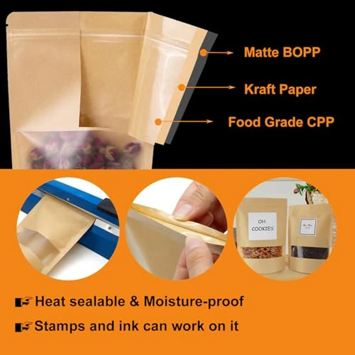 Matomtak 100 PCS 3.5 x 5.3 inch Resealable Kraft Bags with Window Stand Up Ziplock Seal Paper Bag, Candy Bags, Sealable Food Storage Packaging Bags for Home and Business (Brown, 9x13.6cm) by Matomtak - Image 4