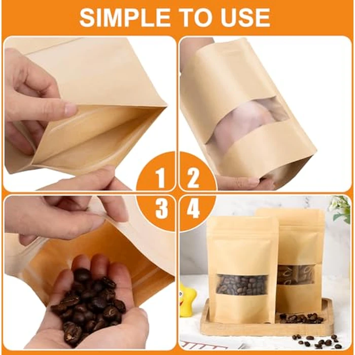Matomtak 100 PCS 3.5 x 5.3 inch Resealable Kraft Bags with Window Stand Up Ziplock Seal Paper Bag, Candy Bags, Sealable Food Storage Packaging Bags for Home and Business (Brown, 9x13.6cm) by Matomtak - Image 5
