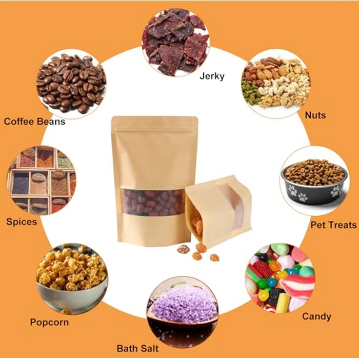 Matomtak 100 PCS 3.5 x 5.3 inch Resealable Kraft Bags with Window Stand Up Ziplock Seal Paper Bag, Candy Bags, Sealable Food Storage Packaging Bags for Home and Business (Brown, 9x13.6cm) by Matomtak - Image 6
