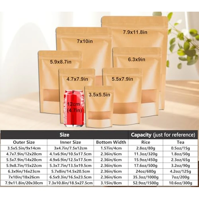 Matomtak 100 PCS 3.5 x 5.3 inch Resealable Kraft Bags with Window Stand Up Ziplock Seal Paper Bag, Candy Bags, Sealable Food Storage Packaging Bags for Home and Business (Brown, 9x13.6cm) by Matomtak - Image 7