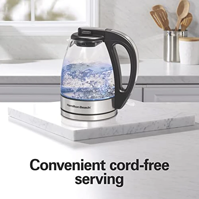 Hamilton Beach Glass Electric Kettle, 1 L, 1500W Fast Boiling Water Boiler, Cordless, Soft Blue LED Light, Auto Shutoff & Boil-Dry Protection, BPA-Free, Compact Size (40930JC) by Hamilton Beach - Image 6