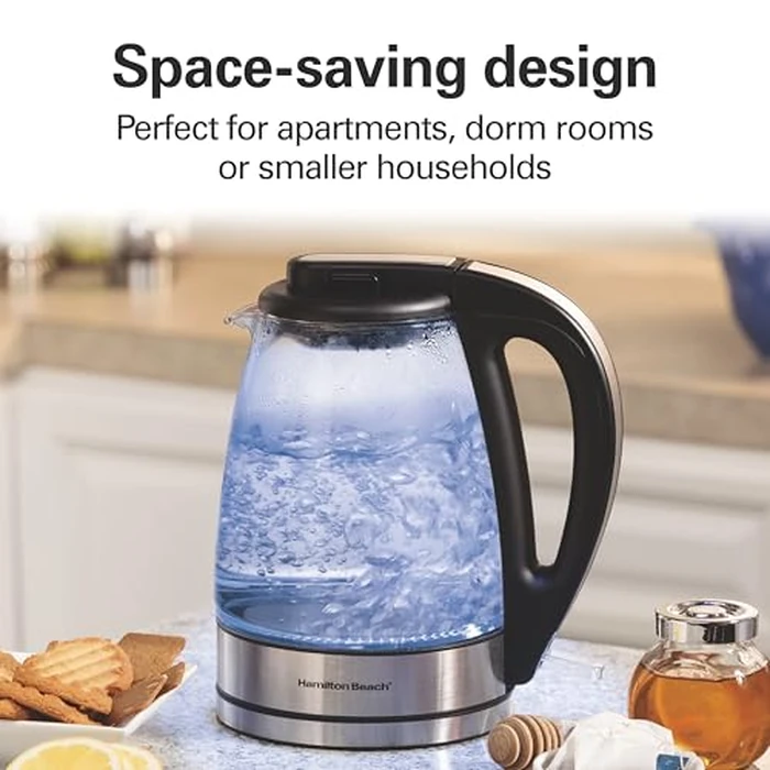 Hamilton Beach Glass Electric Kettle, 1 L, 1500W Fast Boiling Water Boiler, Cordless, Soft Blue LED Light, Auto Shutoff & Boil-Dry Protection, BPA-Free, Compact Size (40930JC) by Hamilton Beach - Image 7
