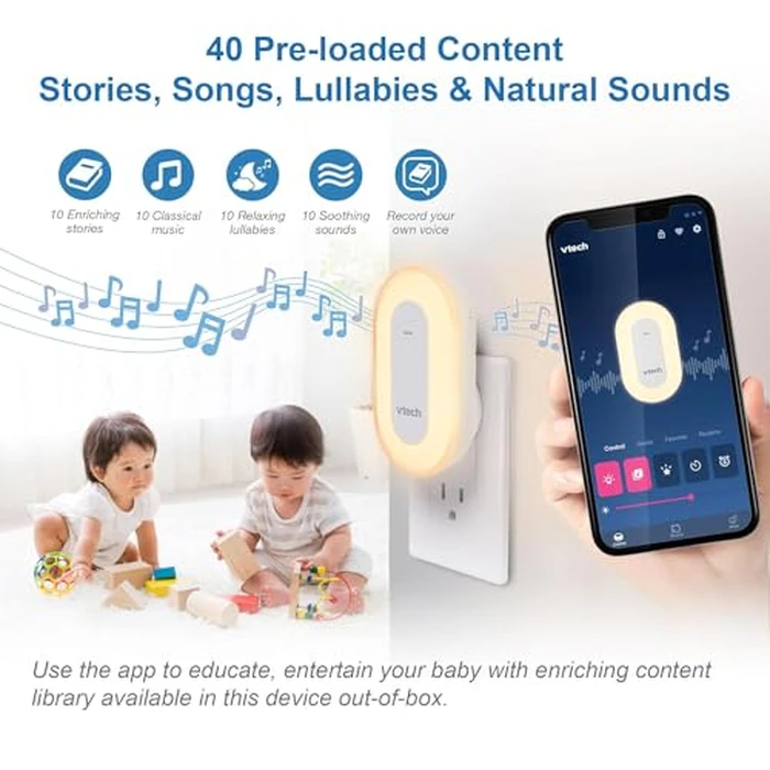 VTech BC8113 V-Hush Plug Sleep Training Soother with 40 Stories/Songs/Sounds & Record Your own Voice. Bluetooth Speaker, 250+ Multi-Color Night Light, No Batteries & No Cords Required by VTech - Image 4