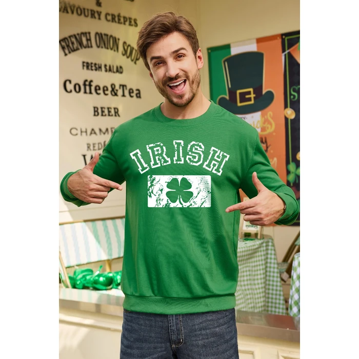 Arvilhill Men St Patricks Day Sweatshirts Party Parade Classic Irish Paddys Cozy Long Sleeve Shamrock 4 Leaf Clover Pullover Green Flag L by Arvilhill - Used - Like New condition - US$25.53