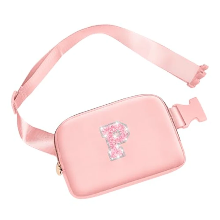 Personalized Belt Bag for Girls Teen Girl,Fashion Waist Packs with Adjustable Strap, Fanny Pack Crossbody Bag w/Initial Letter Patch, Teen Birthday Gifts for Sister Teenager Tween Preteen (Peach, P) by YQE - Used - Like New condition - US$10.41