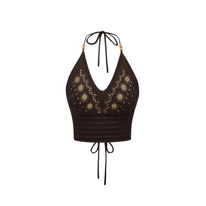 SHENHE Women's Open Back Knitted Halter Crop Top Tie Backless Embroidered Hippie Top Coffee Brown Large by SHENHE - Used - Like New condition