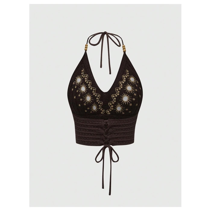 SHENHE Women's Open Back Knitted Halter Crop Top Tie Backless Embroidered Hippie Top Coffee Brown Large by SHENHE - Image 2