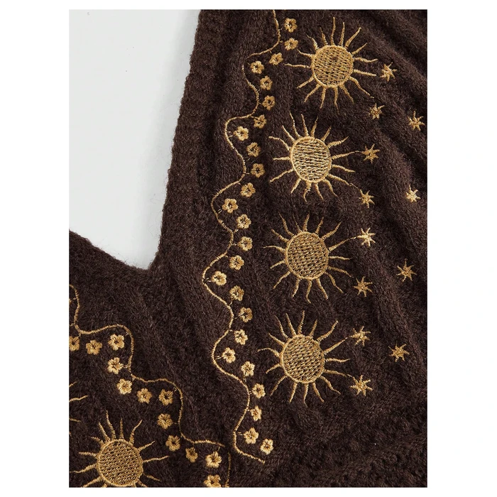 SHENHE Women's Open Back Knitted Halter Crop Top Tie Backless Embroidered Hippie Top Coffee Brown Large by SHENHE - Image 3