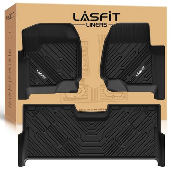 LASFIT Floor Mats for Ford F250/F350/F450/F550 2017-2024 2025 2026 Super Duty (Bucket Seat) Crew Cab w/Fold-Flat Storage Carpet Floor, All Weather TPE Floor Liner for F-250/F-350 Car Mats, Black by LASFIT - Used - Like New condition