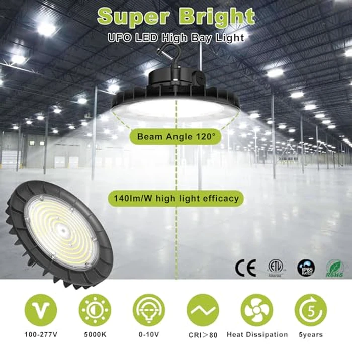 Hylele UFO LED High Bay Light 150W,21000LM High Bay LED Shop Lights,3-in-1 Adjustable Wattage 150W/120W/90W,IP65 5000K,Plug & Hook,0-10V Dimmable for Warehouse Garage Workshop by Hylele - Image 2