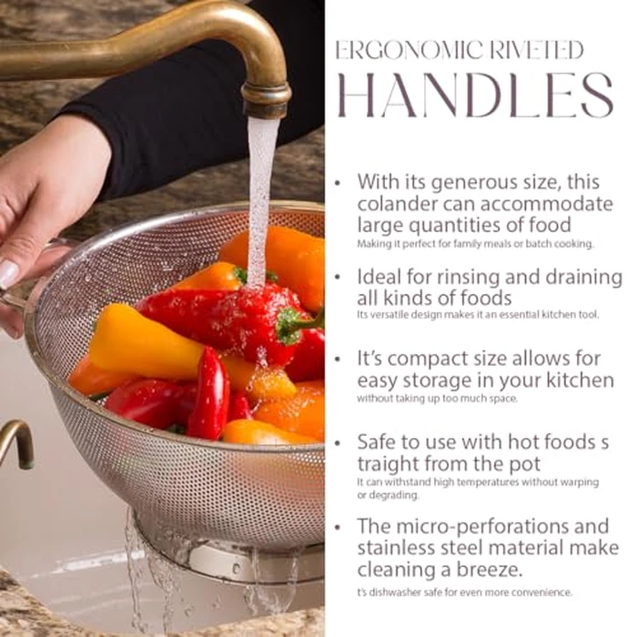 Bellemain Colander for Kitchen - 5 Qt Stainless Steel Strainer with Handle - 18/8 Pasta Strainer Bowl for Pasta, Spaghetti, Vegetables, Fruit, and Pot Draining - Stainless Steel Colander by Bellemain - Image 5
